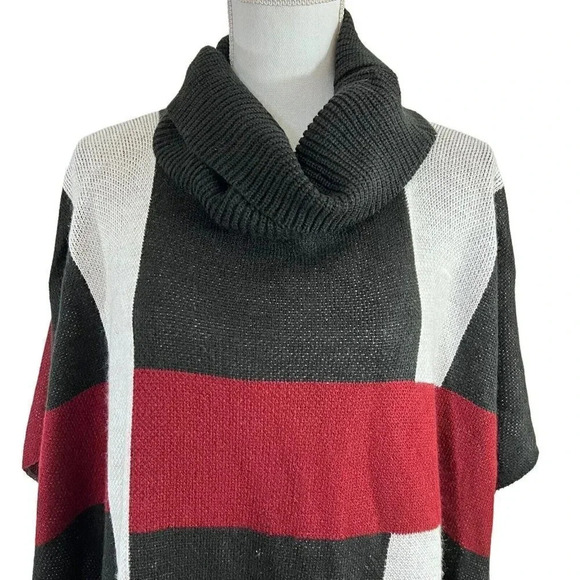 Jones New York Poncho Checker Color Block Red Black White Relaxed Fit Cowl Neck - Picture 3 of 12